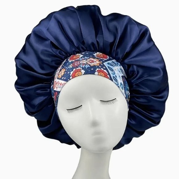 Women Satiny Bonnets for Sleeping Navy White Floral Band - Picture 1 of 1
